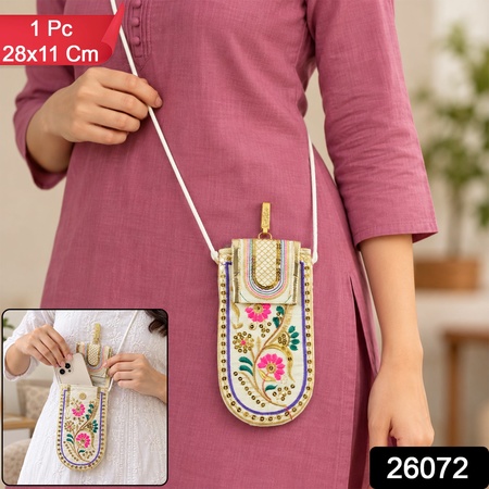 Women Traditional Embroidered Mobile Pouch With Sling Strap (1 Pc 28x11 Cm)