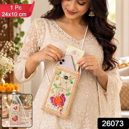 Women Traditional Embroidered Mobile Pouch With Sling Strap (1 Pc 24x10 Cm)