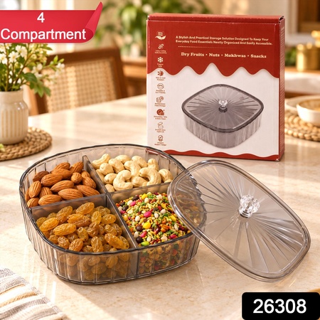 Dry Fruit Storage Box With Lid For Nuts And Snacks (4 Compartment)