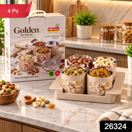 Golden Dry Fruit Containers With Stainless Steel Inner Bowls And Serving Tray (4 Pc Set)