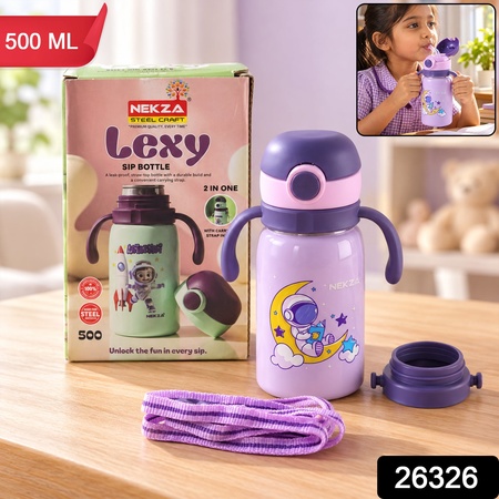 Kids Stainless Steel Sipper Water Bottle With Handles And Strap - Nekza (500 Ml)