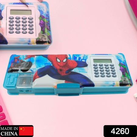 4260 Art Stationery Cartoon Multi-functional Geometry Box For Boys With Inbuilt Calculator 2 Sides Open And Double Sharpener Stationery Kit Pencil Box For Boys Art Plastic Pencil Box For Girls And Boys