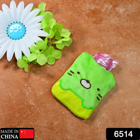 6514 Green Kitty Small Hot Water Bag With Cover For Pain Relief Neck Shoulder Pain And Hand Feet Warmer Menstrual Cramps.