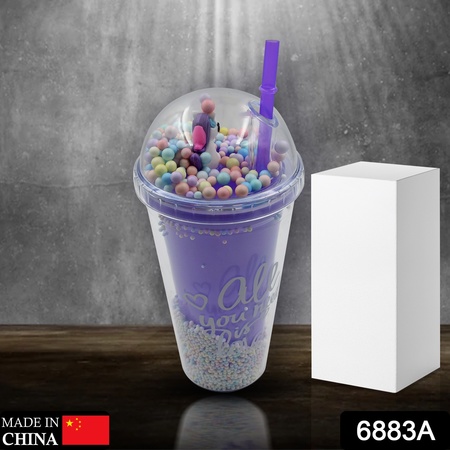 6883a Design Printed Sipper Bottle With Toy Led Glow Light Double Wall Sipper Glass Water Bottle  Sipper Bottle With Straw For Girls And Kids For Boys And Girls Schooltuitiongym (Pack Of 1)