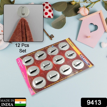9413 Multipurpose Steel Wall Hanging Hook 12 Pc Self Adhesive Wall Hanging Hooks Sticker Hook Suitable For Wall Paper Calender Bathroom Tiles Kitchen Key Hange And Etc Hook 12 (Pack Of 12)