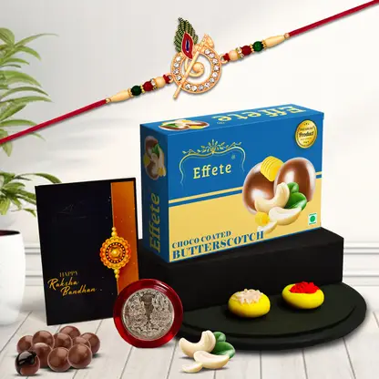Swastik Rakhi Gift Combo With Choco Coated Butterscotch Roli-chawal Coin Raksha Bandhan Greeting Card For Brother