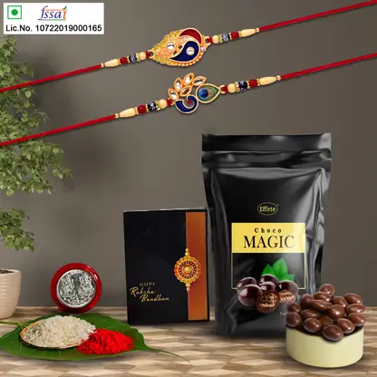 Rakhi Gift Set With 2 Designer Rakhis For Brother Includes Choco Magic Pack Silver Coin Roli Chawal Greeting Card