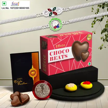 Rakhi Gift Combo With 2 Stylish Rakhis For Brother Includes Choco Beats Box Silver Coin Roli Chawal Greeting Card
