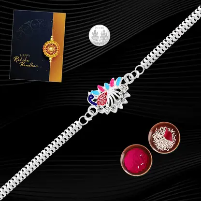 Single Designer Peacock Rakhi For Brother Includes Silver Coin Roli Chawal Greeting Card