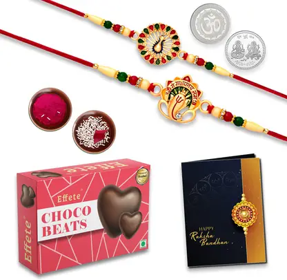 Rakhi Gift Combo With 2 Traditional Rakhis For Brother Includes Choco Beats Box 2 Silver Coins Roli Chawal Greeting Card
