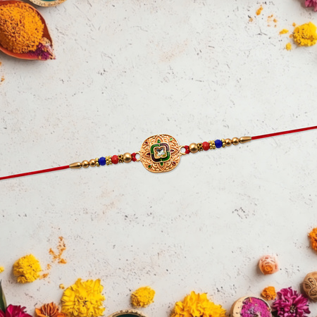 Traditional Kundan Rakhi With Antique Gold Finish Multicolor Beads