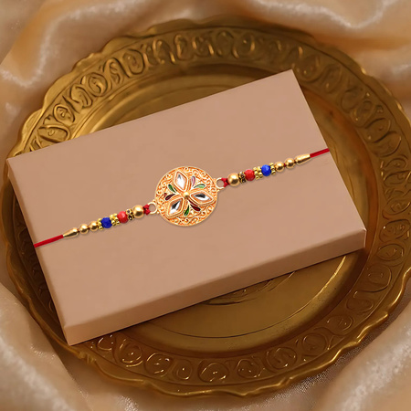 Elegant Meenakari Floral Rakhi With Colorful Beads Golden Detailing