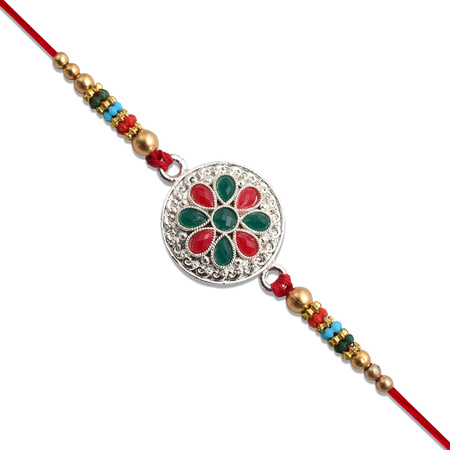 Silver Plated Floral Rakhi With Red Green Stones