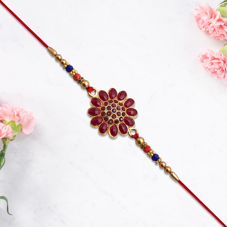 Red Floral Stone Rakhi With Bead Accents