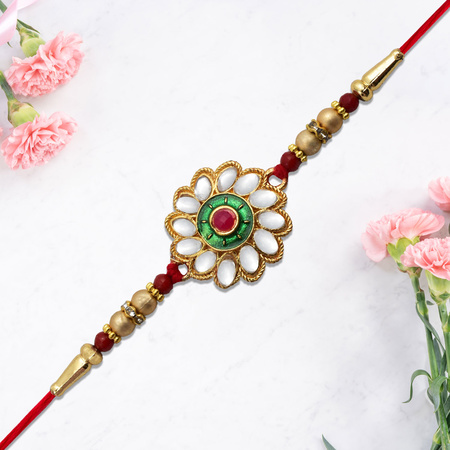 Kundan Floral Rakhi With Green Red Centerpiece