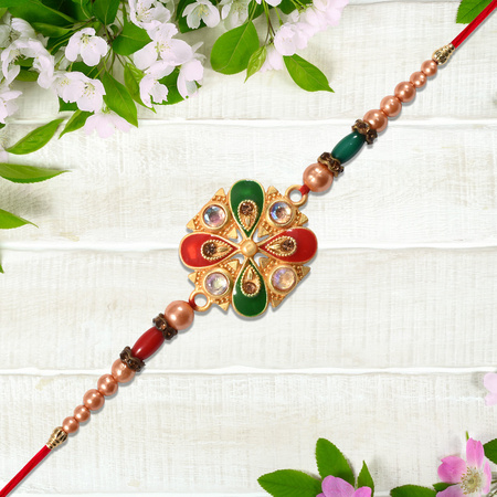 Elegant Meenakari Rakhi With Red-green Enamel Stones