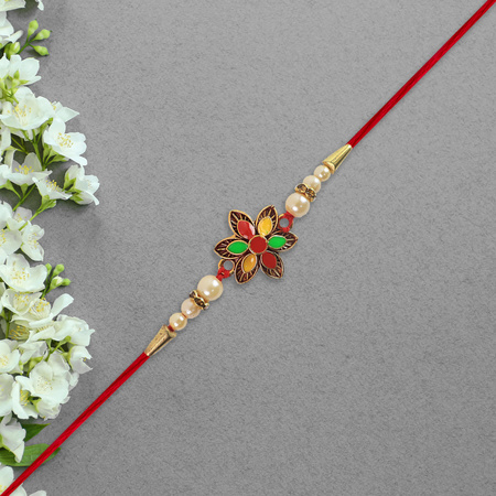 Multicolor Floral Rakhi With Pearl Beads And Red Thread Festive Designer Bracelet For Raksha Bandhan