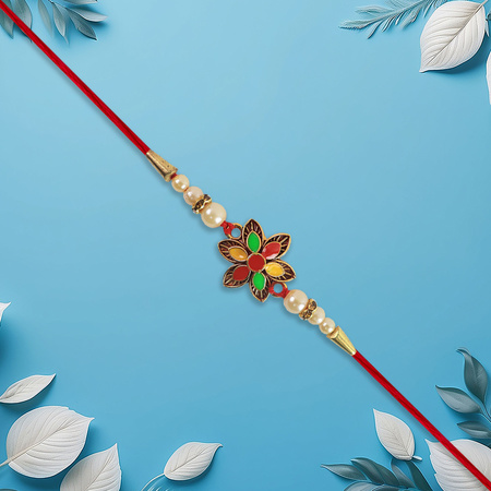 Multicolor Floral Rakhi With Pearl Beads And Red Thread Festive Designer Bracelet For Raksha Bandhan