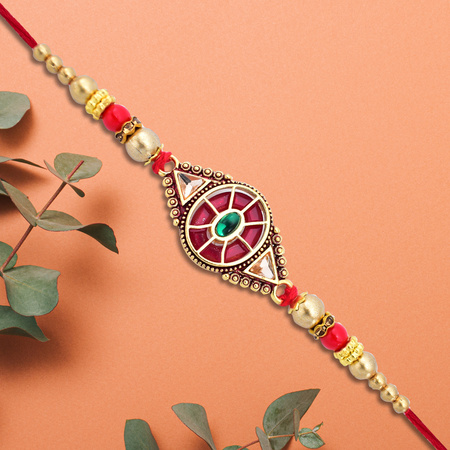 Royal Designer Rakhi With Kundan Centerpiece Red Green Enamel Work And Golden Beads