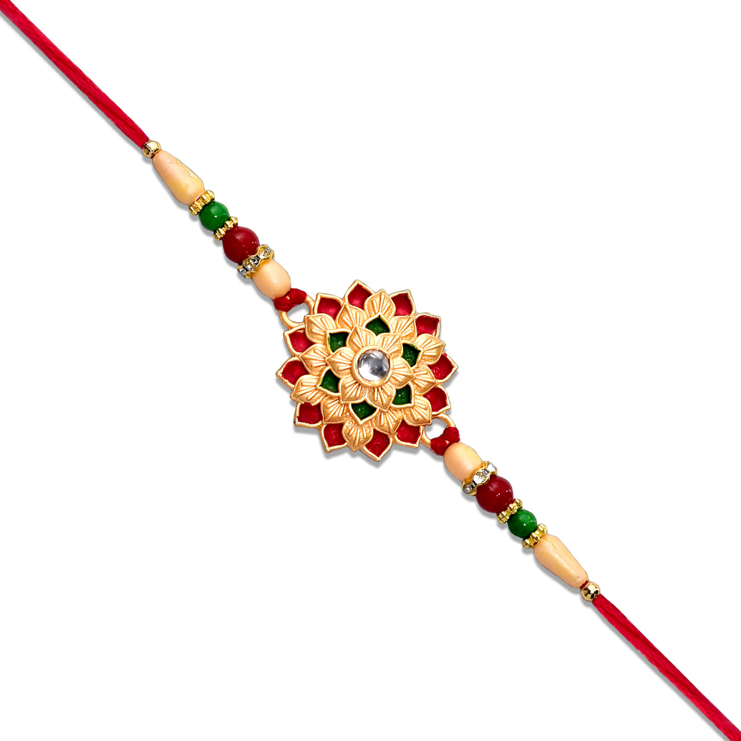 Designer Floral Rakhi With Beaded Strap Red Green Gold Accents