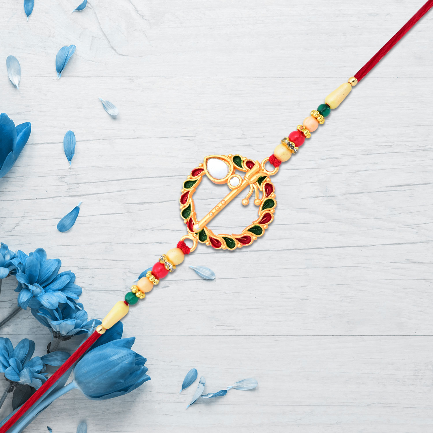 Krishna Flute Rakhi With Colorful Leaf Motif Beads