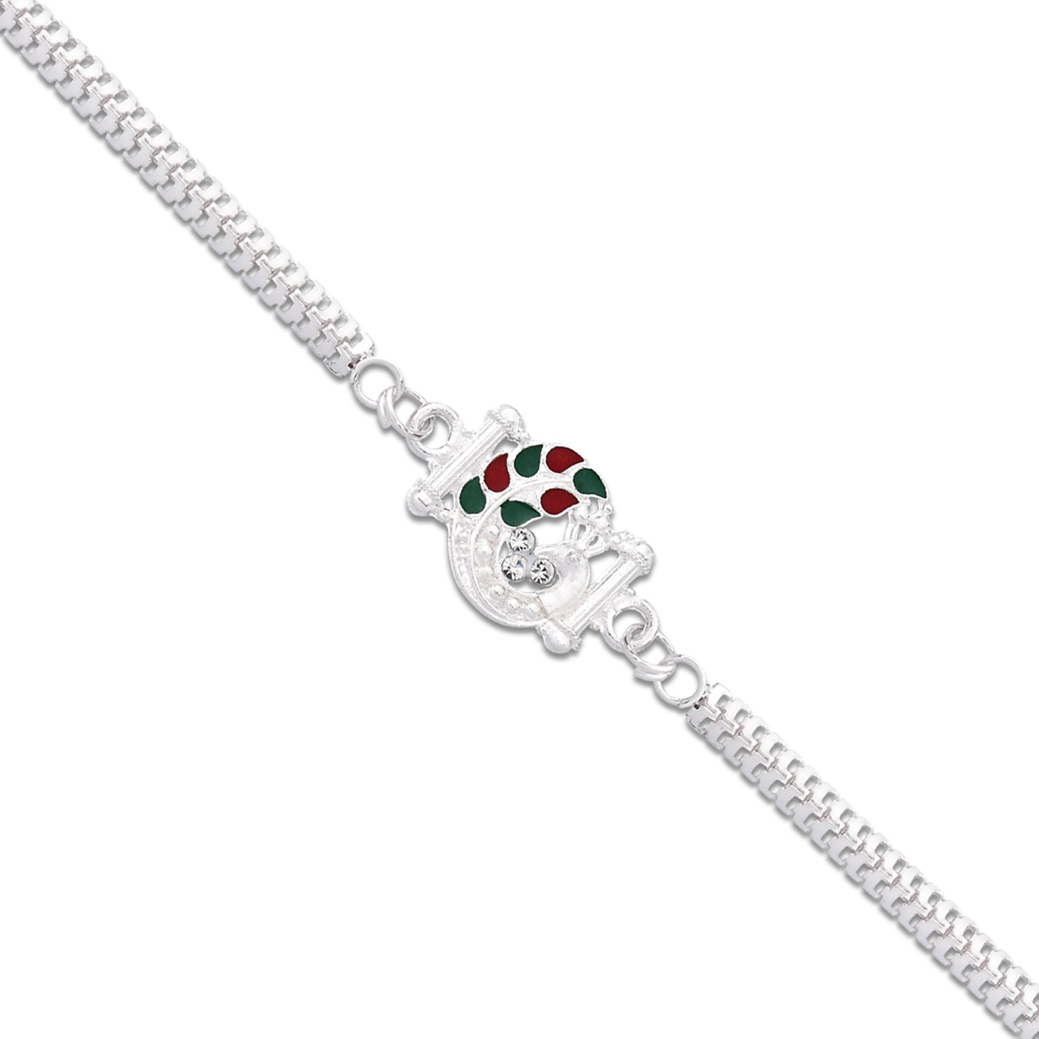Silver Finish Rakhi With Red-green Enamel