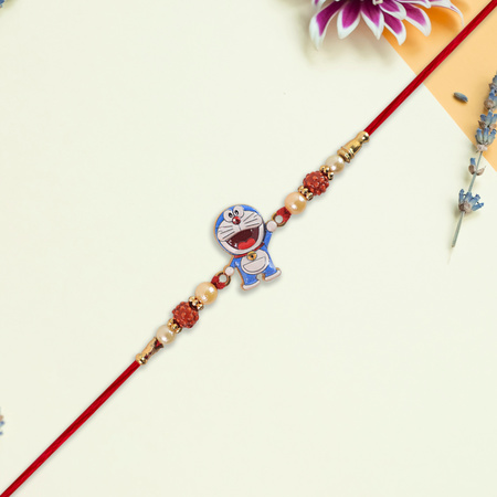 Cute Doraemon Kids Rakhi With Rudraksha Pearl Beads