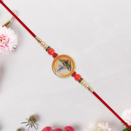 Divine Krishna Govardhan Parvat Rakhi With Pearl Mauli Thread
