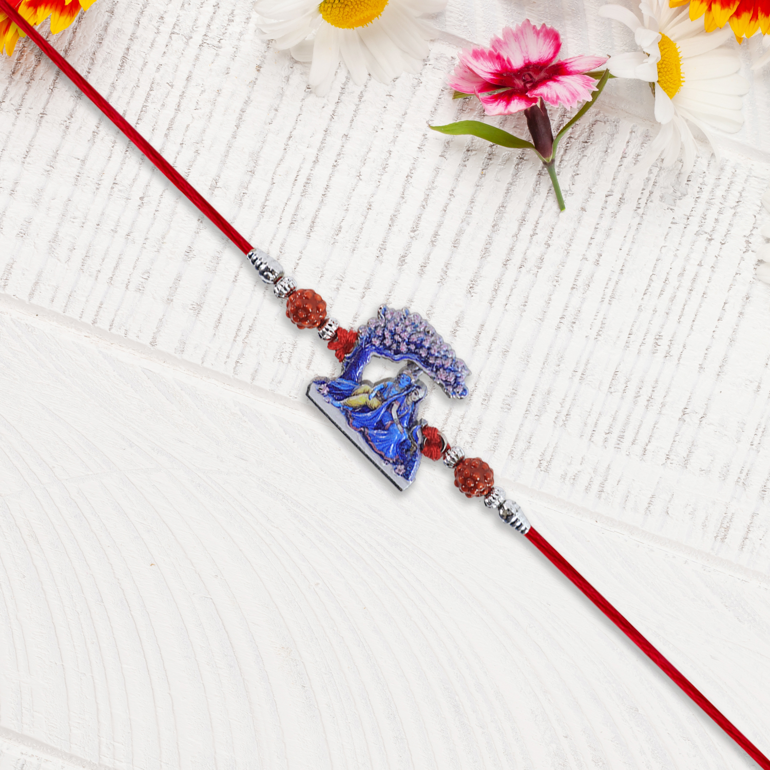 Radha Krishna Rakhi Under Tree Design With Rudraksha Red Mauli Thread