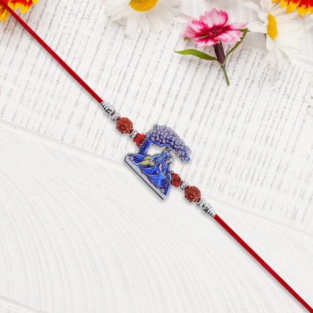 Radha Krishna Rakhi Under Tree Design With Rudraksha Red Mauli Thread