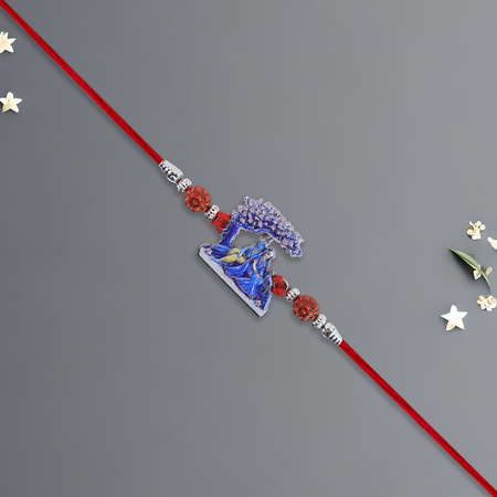 Radha Krishna Rakhi Under Tree Design With Rudraksha Red Mauli Thread