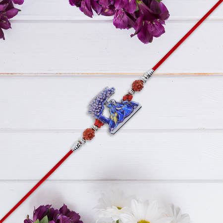 Radha Krishna Rakhi Under Tree Design With Rudraksha Red Mauli Thread