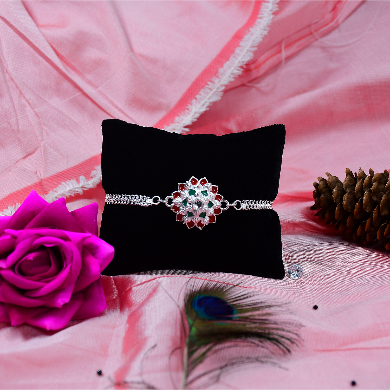 Traditional Floral Rakhi With Red Green Stones Silver Designer Rakhi For Brother