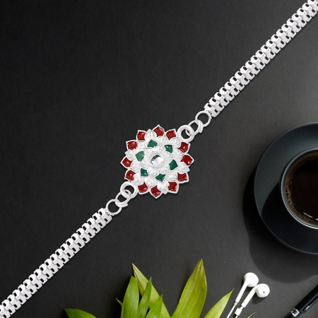 Traditional Floral Rakhi With Red Green Stones Silver Designer Rakhi For Brother