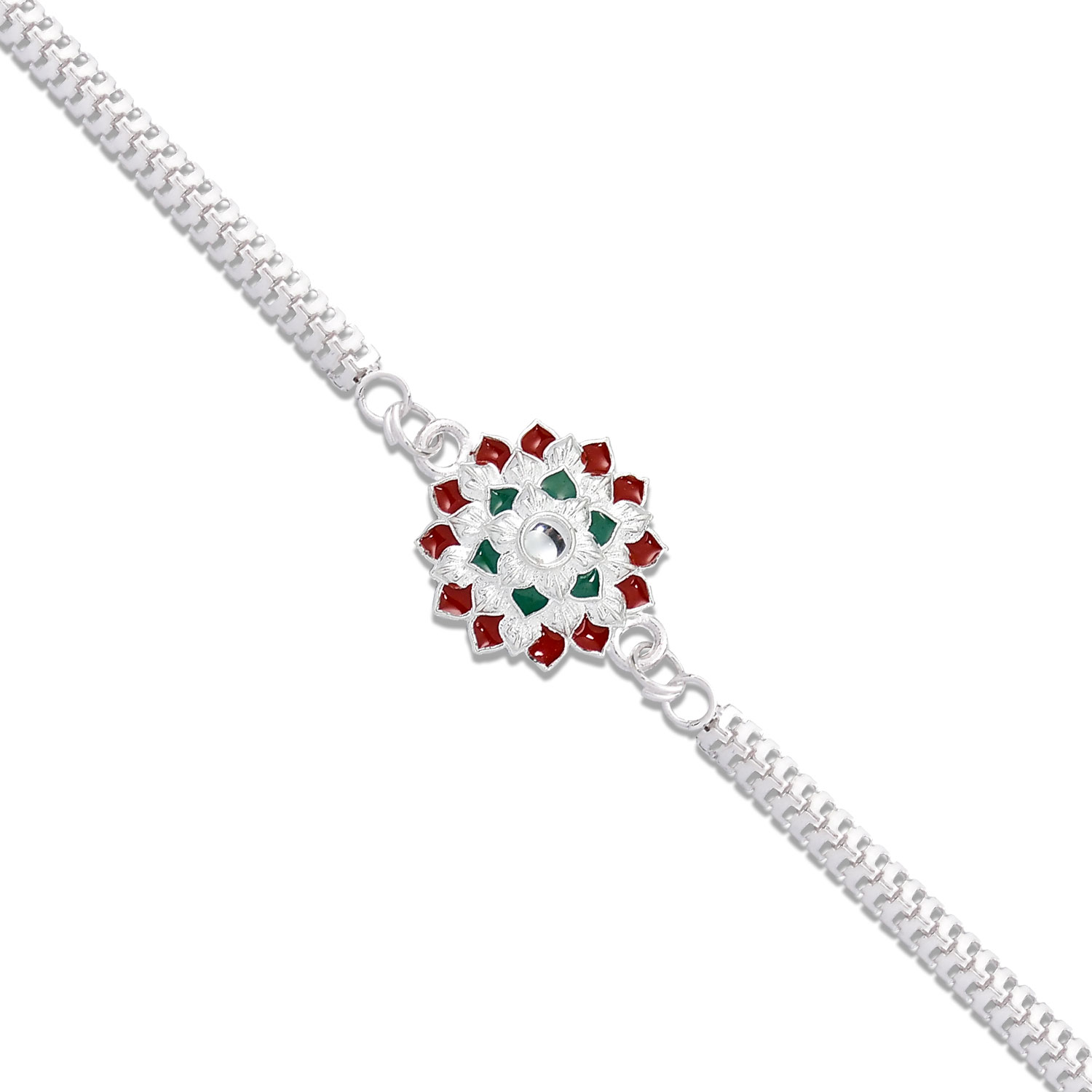 Round Shape Silver Chain Rakhi With Red-green Accents