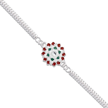 Round Shape Silver Chain Rakhi With Red-green Accents