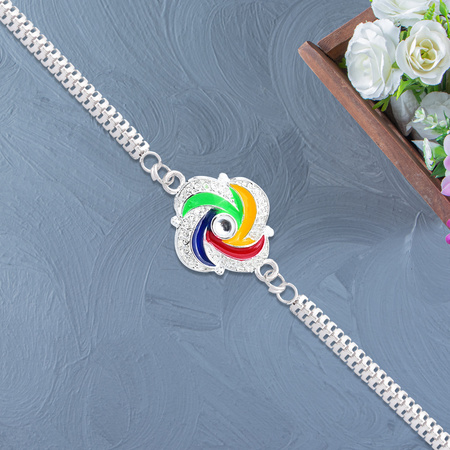 Stylish Silver Rakhi With Colorful Feather Detailing And Metal Chain