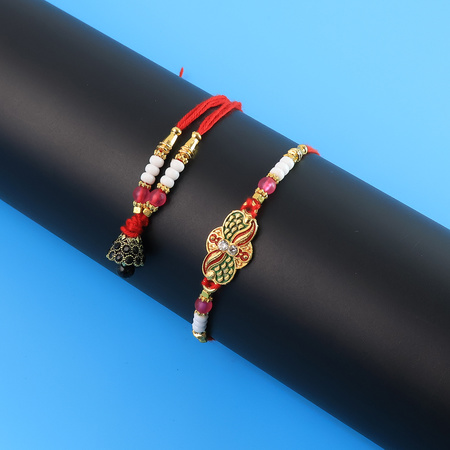 Elegant Bhabhi Lumba Rakhi With Butterfly Design Beaded Tassels Pink Stone Work