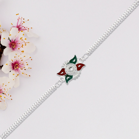 Elegant Silver Chain Rakhi With Red-green Enamel Floral Design For Brother