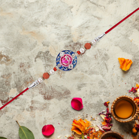 Traditional Om Rakhi With Rudraksha Beads Kundan Work Red Thread Spiritual Raksha Bandhan Rakhi For Brother