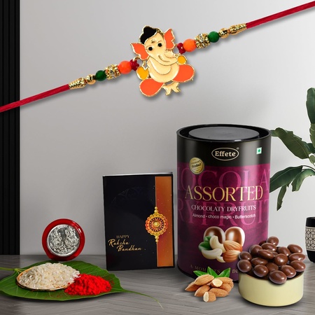 Multicolor Orange Rakhi  Bracelet (K1_255_as)  Assorted Chocolate Dry Fruits 96gm With Silver Color Pooja Coin Roli Chawal  Greeting Card  Occasion  Rakhi For Brother With Gift  Handmade Rakhi Rakhi Combo For Brother  Stylish Rakhi