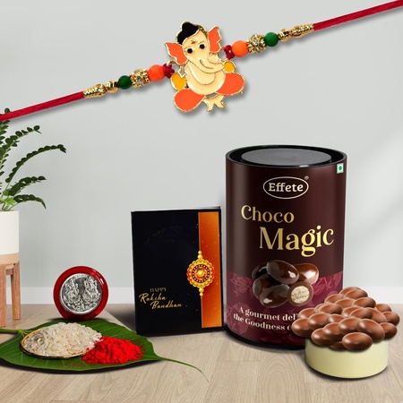 (K1_255_cd) Multicolor Orange Rakhi Combo With Chocolate Delight 96gm Silver Color Pooja Coin Roli Chawal  Greeting Card Occasion Rakhi For Brother With Gift Chocolate Gift Pack Rakhi With Chocolate Gift Hemper Bracelets For Men Set