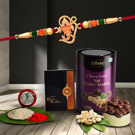 Multicolor Ganesh Rakhi  Bracelet (K1_257_bs)  Chocolate Butter Scotch 96gm With Silver Color Pooja Coin Roli Chawal  Greeting Card  Occasion  Rakhi For Brother With Gift  Bracelets For Men Stylish Rakhi Combo For Brother  Set Of 1