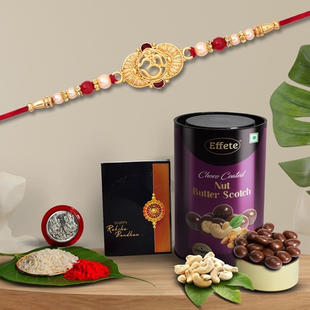 Multicolor Bracelet Rakhi (K1 277 bs) Chocolate Butter Scotch With Silver Color Pooja Coin Roli Chawal Greeting Card Occasion Rakhi Combo With Card And Chocolate Chocolates Gift Pack Rakhi Chocolate For Brother Rakhi With Gift