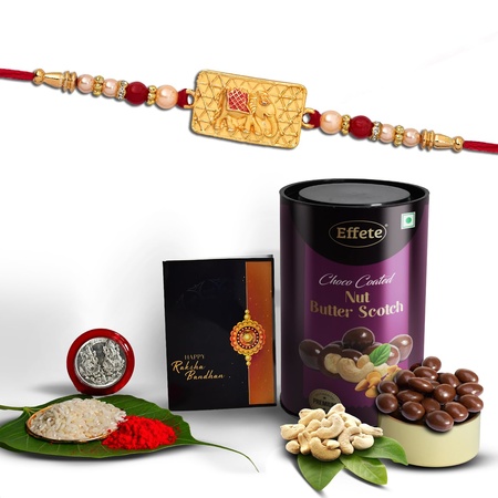 Multicolor Bracelet Rakhi (K1_287_bs)  Chocolate Butter Scotch With Silver Color Pooja Coin Roli Chawal  Greeting Card Occasion Rakhi Combo With Card And Chocolate Chocolates Gift Pack Rakhi  Chocolate For Brother Rakhi With Gift