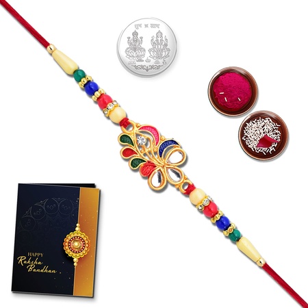 (K1_267) Multicolor Colorful Circular Shaped Rakhi Combo With Silver Color Pooja Coin Tilak Set  Greeting Card  Rakhi For Brother  Rakhi Set For Brother  Rakhi Combo For Brother  Rakhi Cards  Fancy Rakhi For Brother  Rakhi Online  Rakhi In