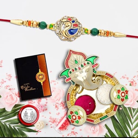 Rakhi For Brother Set Of 1 With Dish Silver Coin  Greeting Card Rakhi For Brother And Bhabhi Rakhi With Gift For Brother Rakhi For Kids Rakhi Set Rakhi Combo (K1_408_aa3)