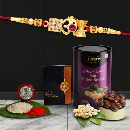 Multicolor Red Om Rakhi  Bracelet (K1_282_bs)  Chocolate Butter Scotch 96gm With Silver Color Pooja Coin Roli Chawal  Greeting Card  Occasion  Rakhi For Brother With Gift  Handmade Rakhi Rakhi Combo For Brother  Stylish Rakhi For Br