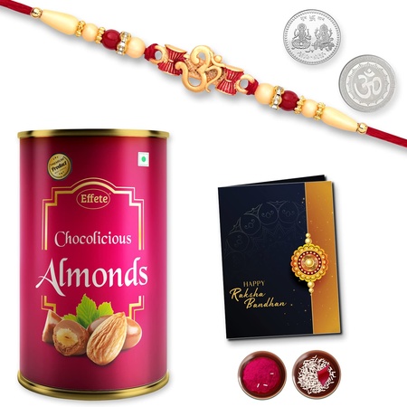 (K1_282_ca) Multicolor Red Om Rakhi Combo With Chocolate Almonds 96gm Silver Color Pooja Coin Roli Chawal  Greeting Card  Occasion  Rakhi For Brother With Gift  Chocolate Gift Pack Rakhi With Chocolate Gift Hemper  Bracelets For Men