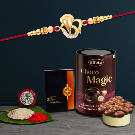 Golden Plated Ganesh Rakhi For Brother Set Of 1 With Chocolate Magic 96gm (K1_413_em)